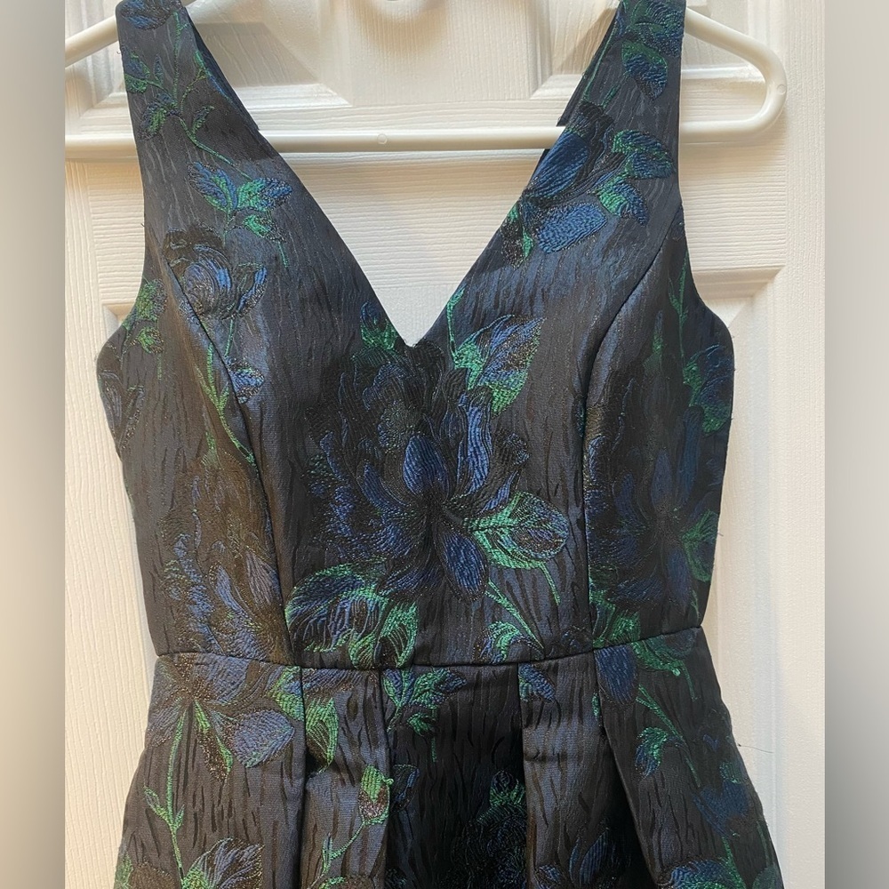Elegant Dark Floral Jacquard High Low Dress - Picture 3 of 11